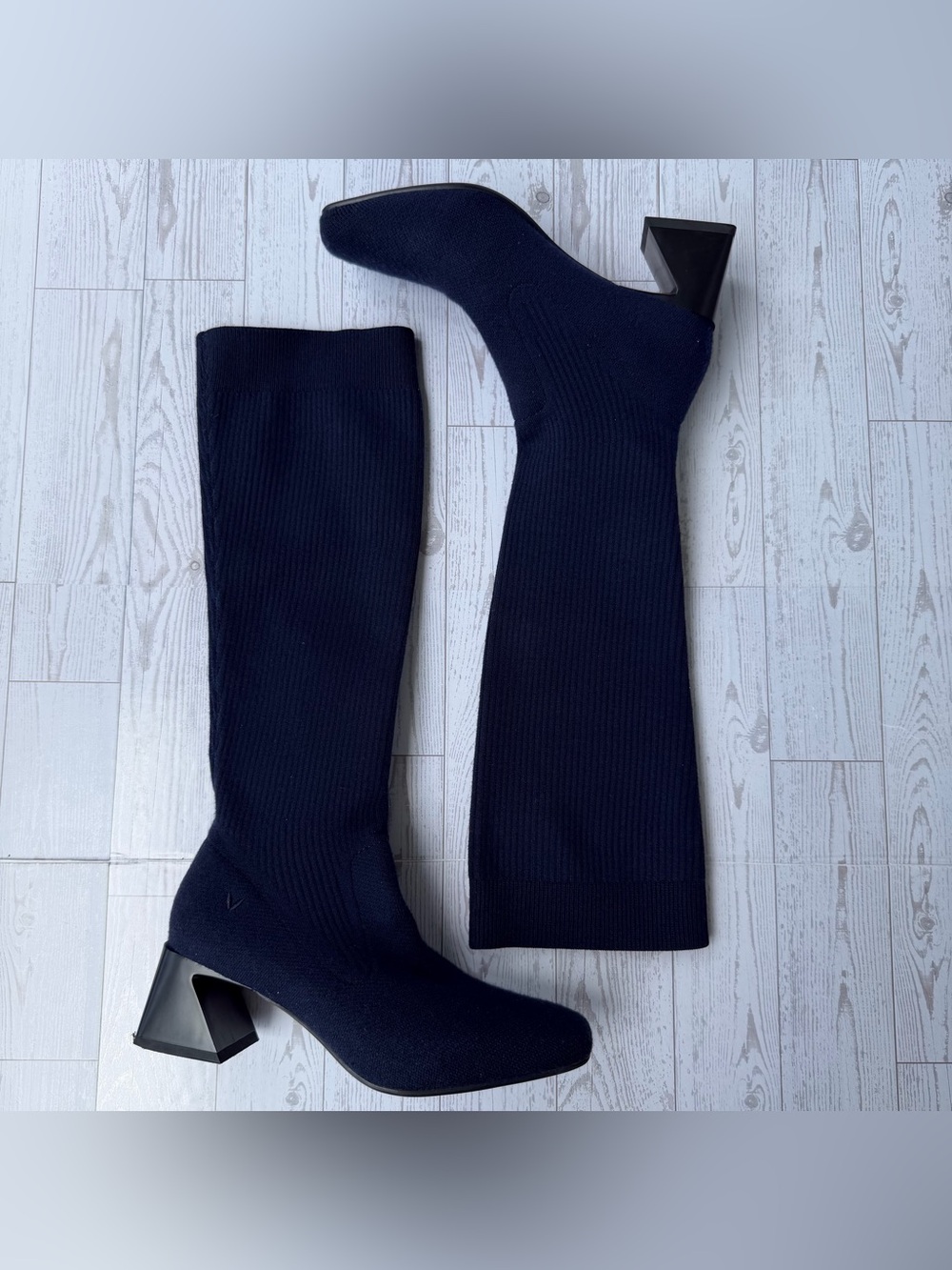 Vivaia Square-Toe‎ Tall Knit Boots in Navy Blue | Size 38 / US 7.5